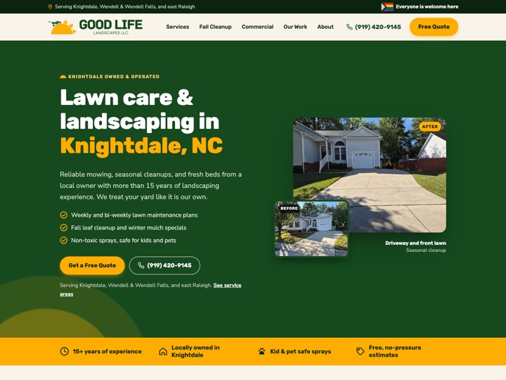 Homepage of the Good Life Landscapes website: Lawn care and landscaping in Knightdale, NC