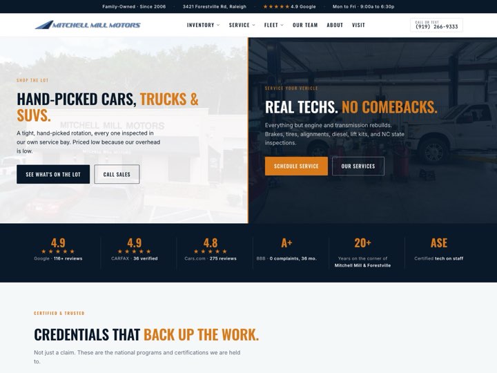 Homepage of the Mitchell Mill Motors website, showing hand-picked cars, trucks and SUVs