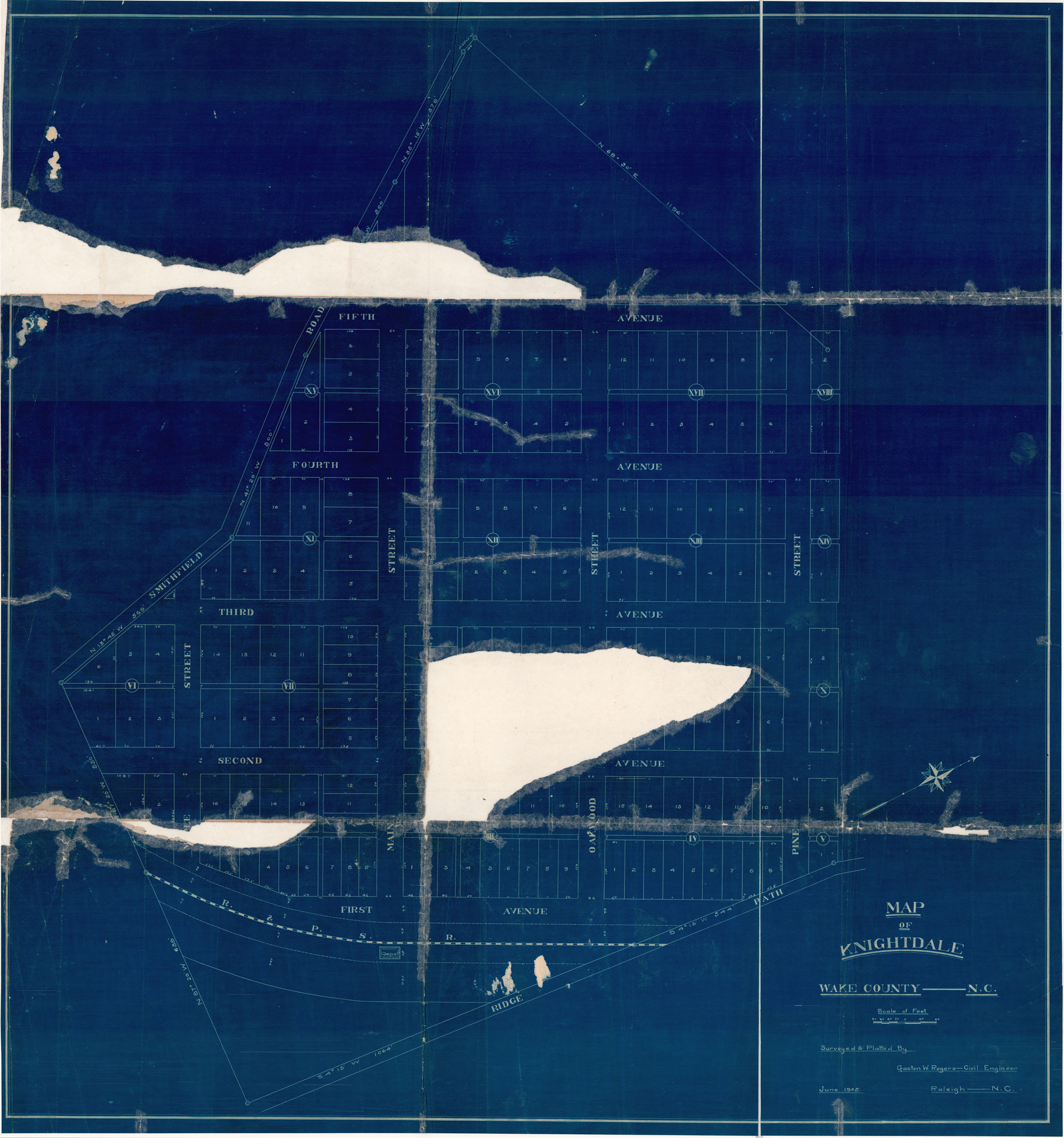 1905 cyanotype plat of Knightdale by Gaston W. Rogers