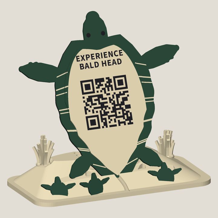 3D-printed loggerhead sea turtle on a sand dune with three hatchlings, with an Experience Bald Head QR code on its shell