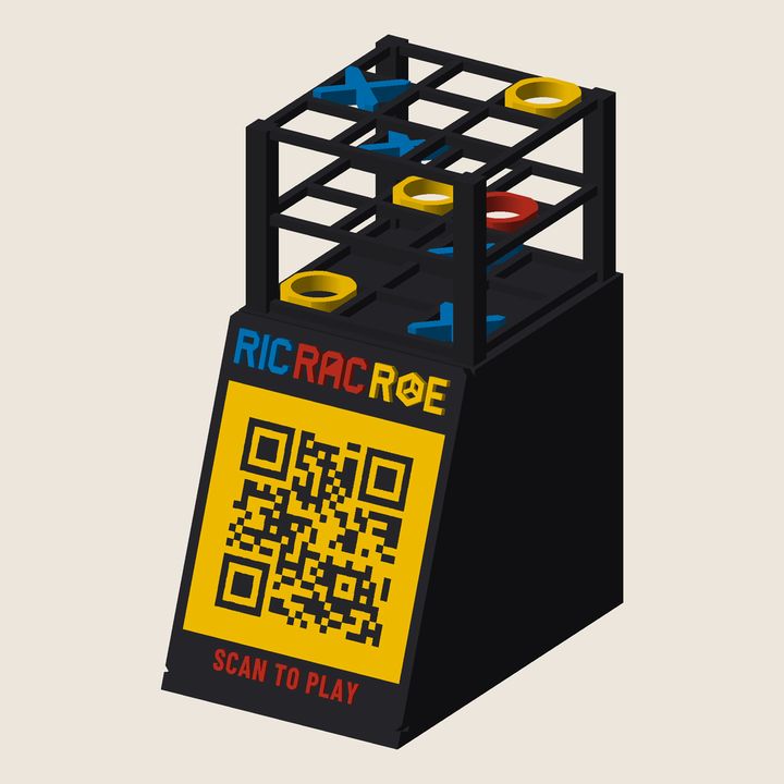 3D-printed RicRacRoe sign: a three-by-three-by-three game board on a black pedestal, with a yellow QR panel reading scan to play