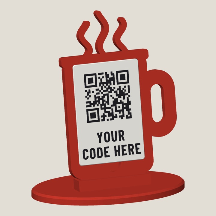 The cup: a red 3D-printed coffee mug QR sign with steam, in a saucer, holding a white QR tile