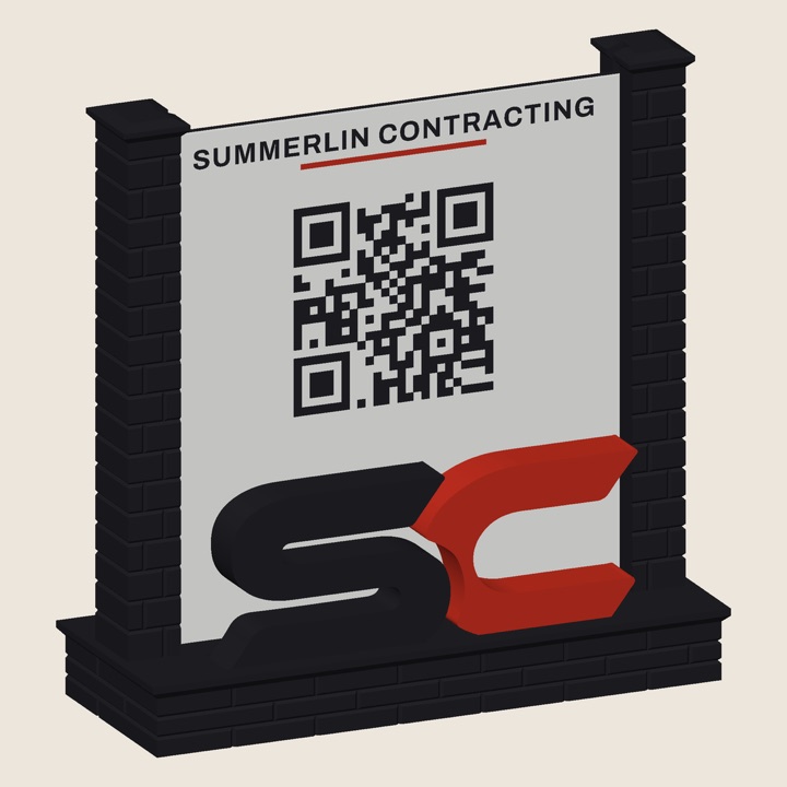 Medium custom 3D-printed sign: a Summerlin Contracting monument sign with brick piers, a QR panel and big SC letters across the base
