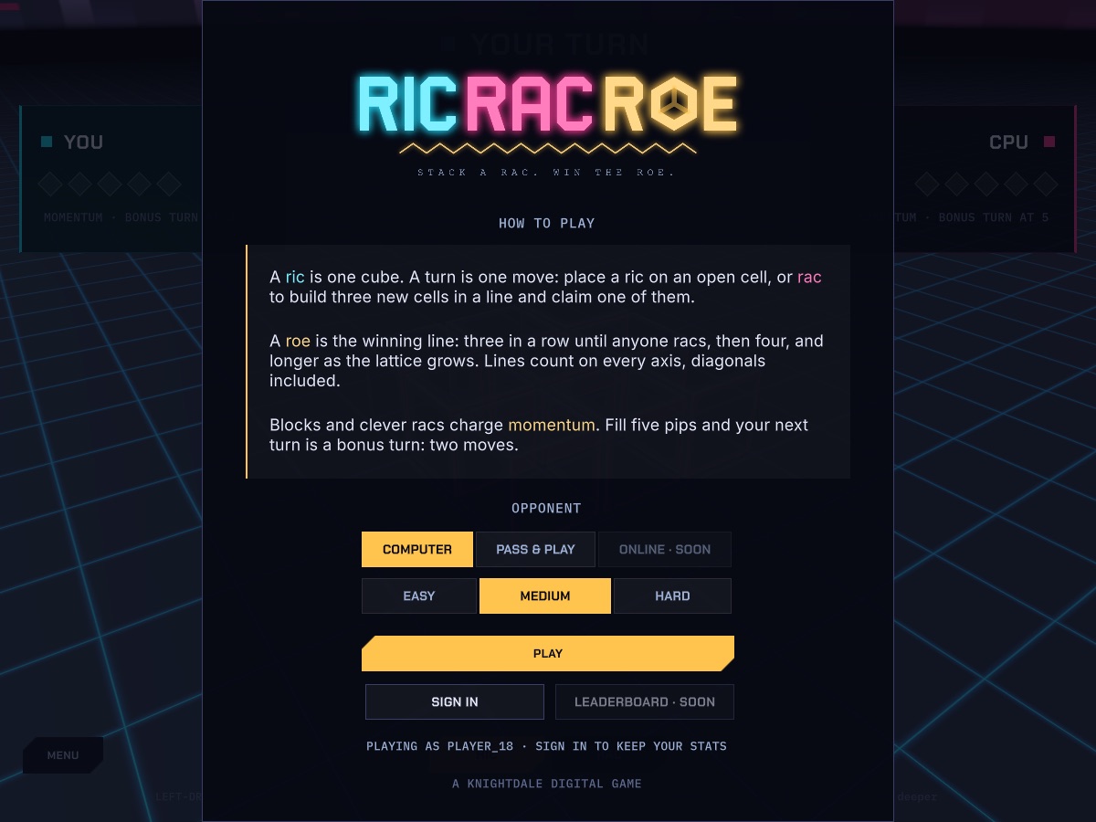 RicRacRoe game menu